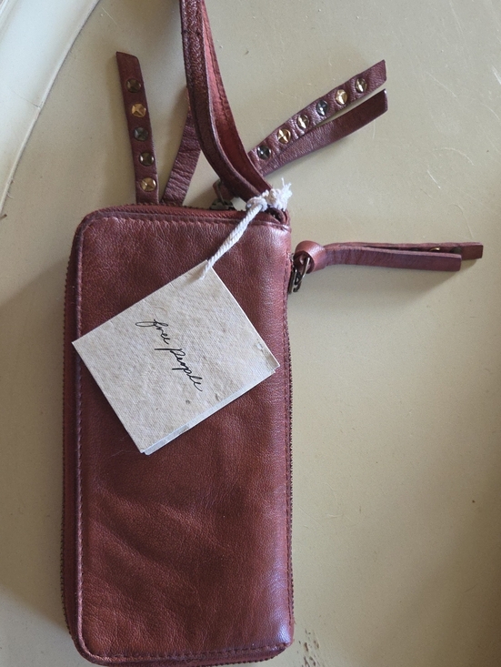 Free People Handbags - Free People Studded Strap Leather Wristlet in Brown-NWT